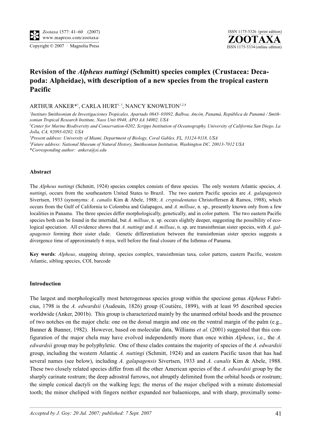 Zootaxa,Revision of the Alpheus Nuttingi (Schmitt)