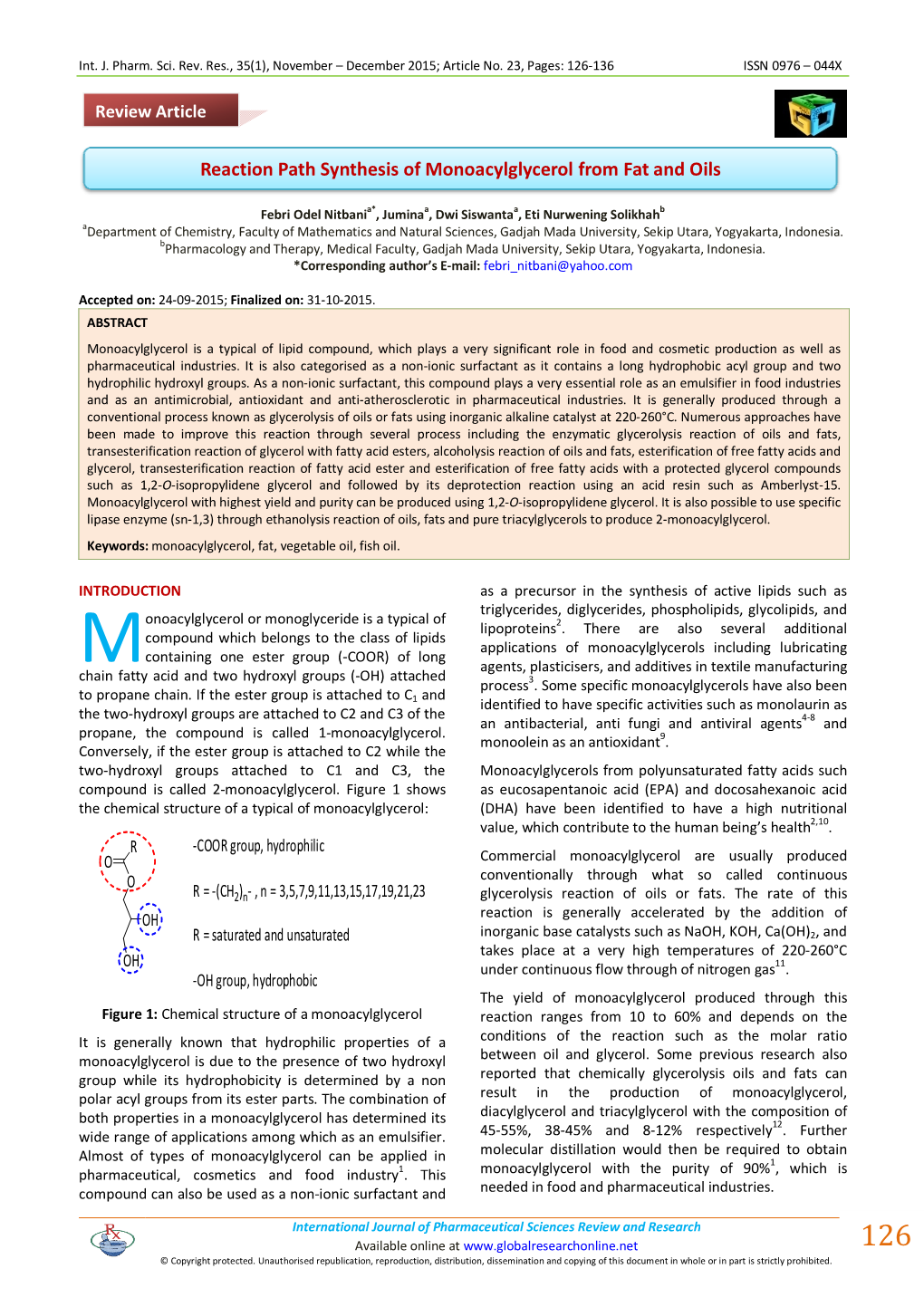 Reaction Path Synthesis of Monoacylglycerol from Fat and Oils