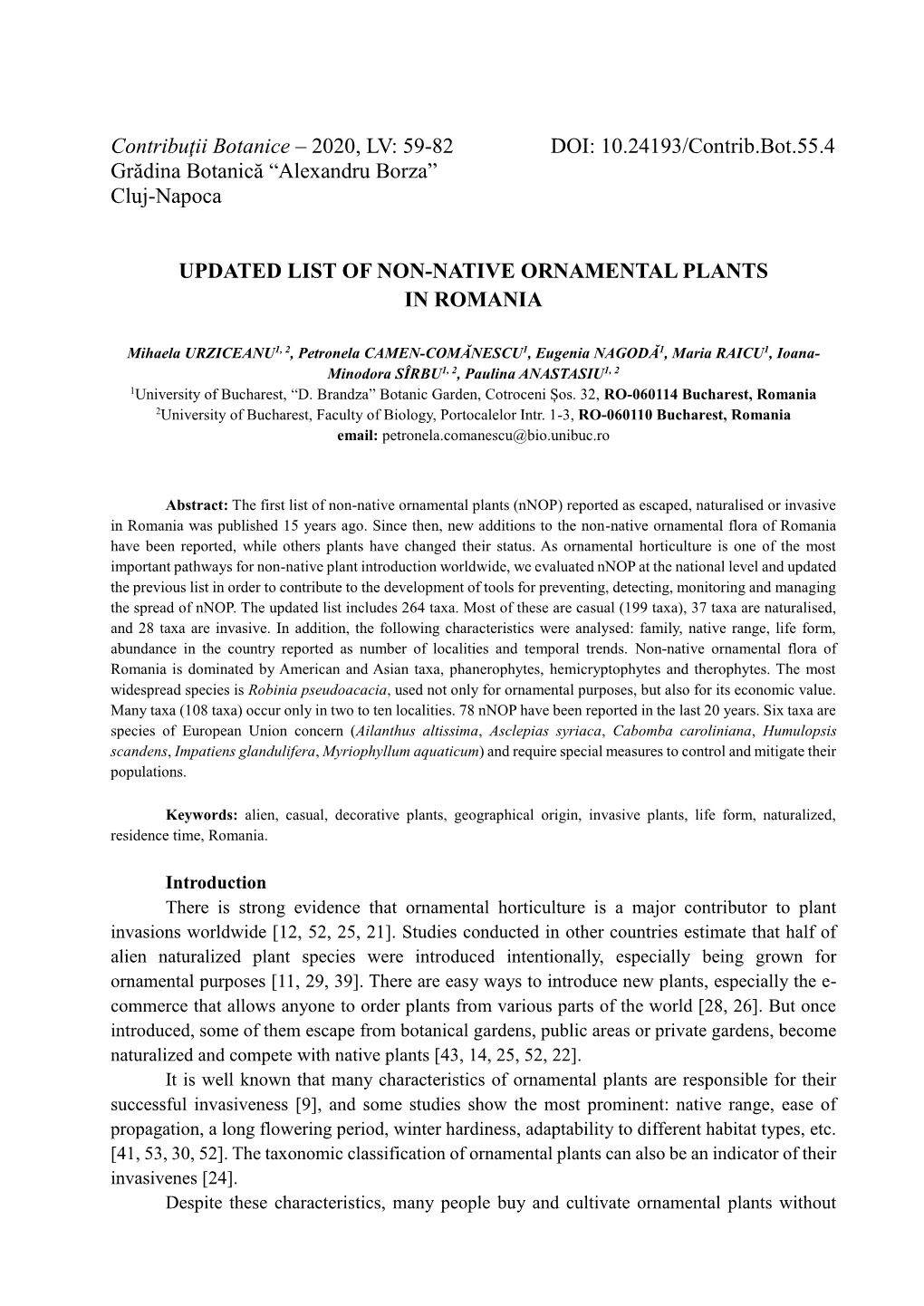 2020, LV: 59-82 DOI: 10.24193/Contrib.Bot.55.4 Grădina Botanică “Alexandru Borza” Cluj-Napoca