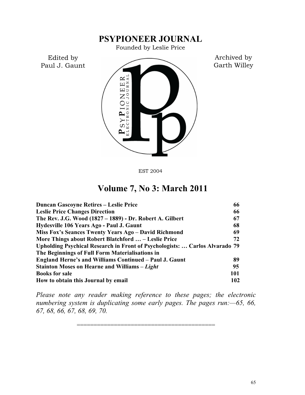 PSYPIONEER JOURNAL Volume 7, No 3: March 2011