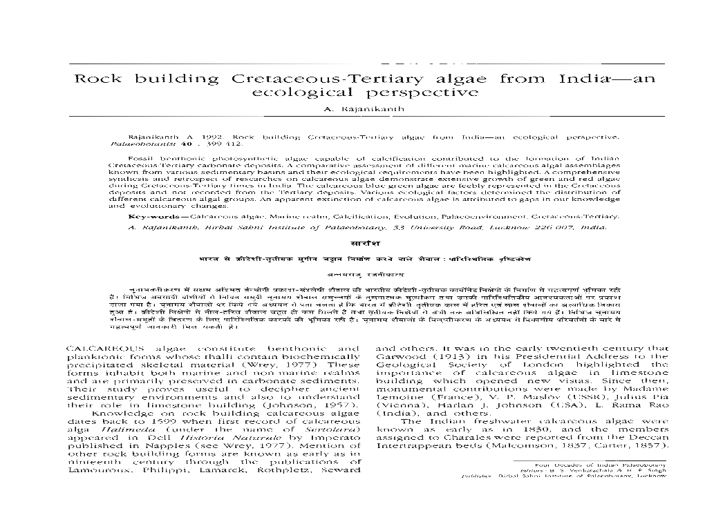 Rock Building Cretaceous-Tertiary Algae from India-An Ecological Perspective