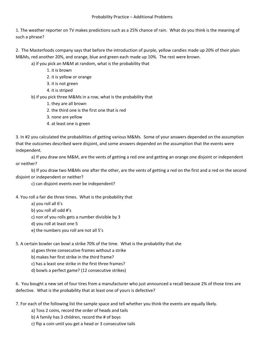 Probability Practice Additional Problems