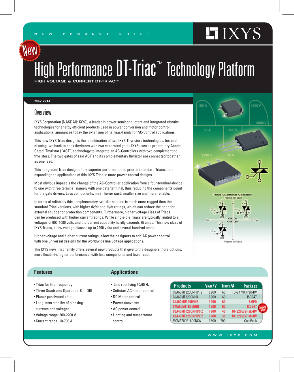 NEW PRODUCT BRIEF New High Performance DT-Triac™ Technology Platform HIGH VOLTAGE & CURRENT DT-TRIAC™