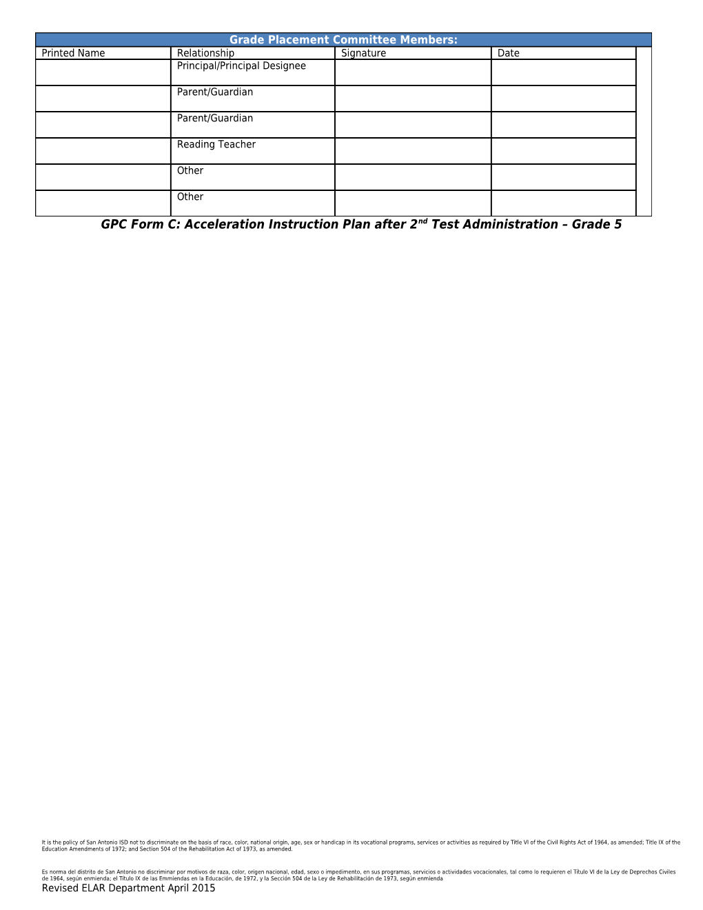 GPC Form C: Acceleration Instruction Plan After 2Nd Test Administration Grade 5