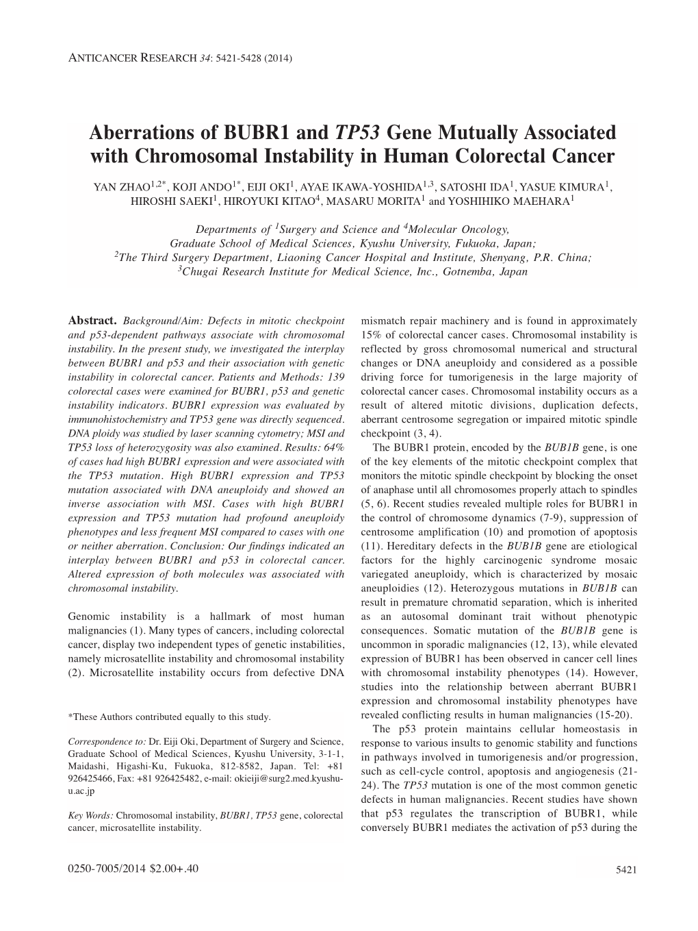 Aberrations of BUBR1 and TP53 Gene Mutually Associated with Chromosomal Instability in Human Colorectal Cancer