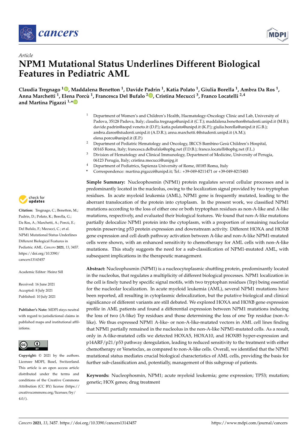 NPM1 Mutational Status Underlines Different Biological Features in Pediatric AML