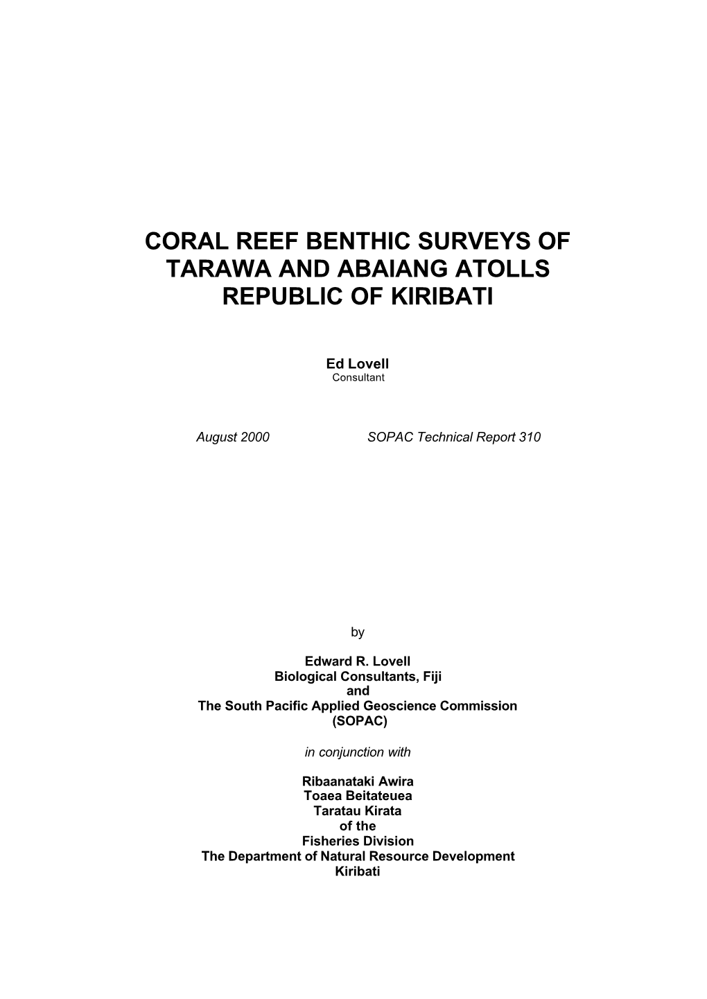 Coral Reef Benthic Surveys of Tarawa and Abaiang Atolls Republic of Kiribati