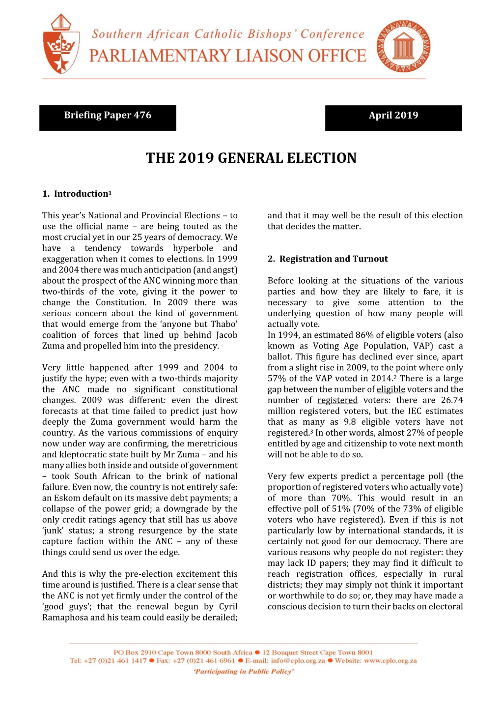 BP 476 the 2019 General Election