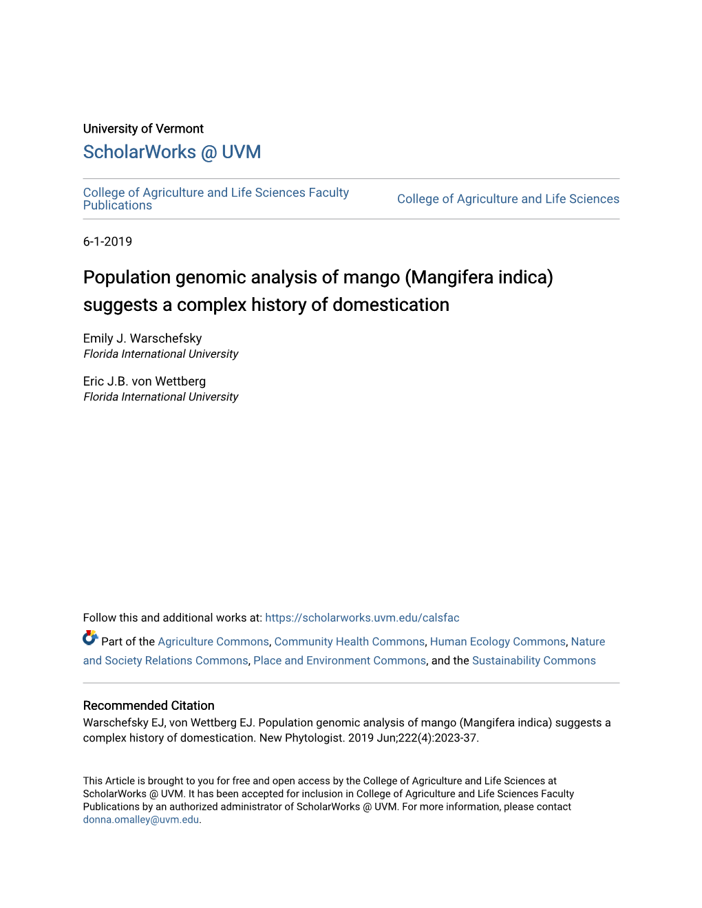 Population Genomic Analysis of Mango (Mangifera Indica) Suggests a Complex History of Domestication