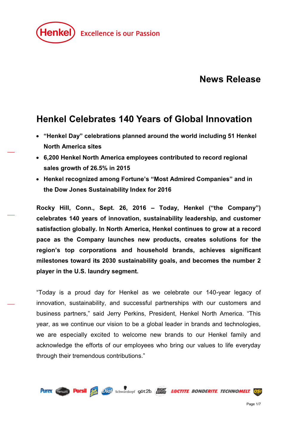 News Release Henkel Celebrates 140 Years of Global Innovation