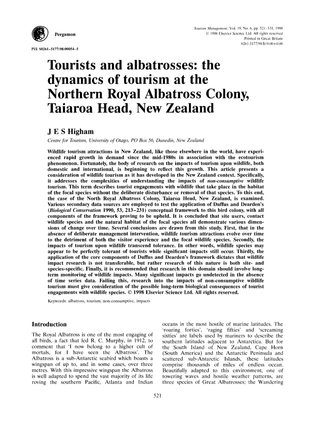 Tourists and Albatrosses: the Dynamics of Tourism at the Northern Royal Albatross Colony, Taiaroa Head, New Zealand