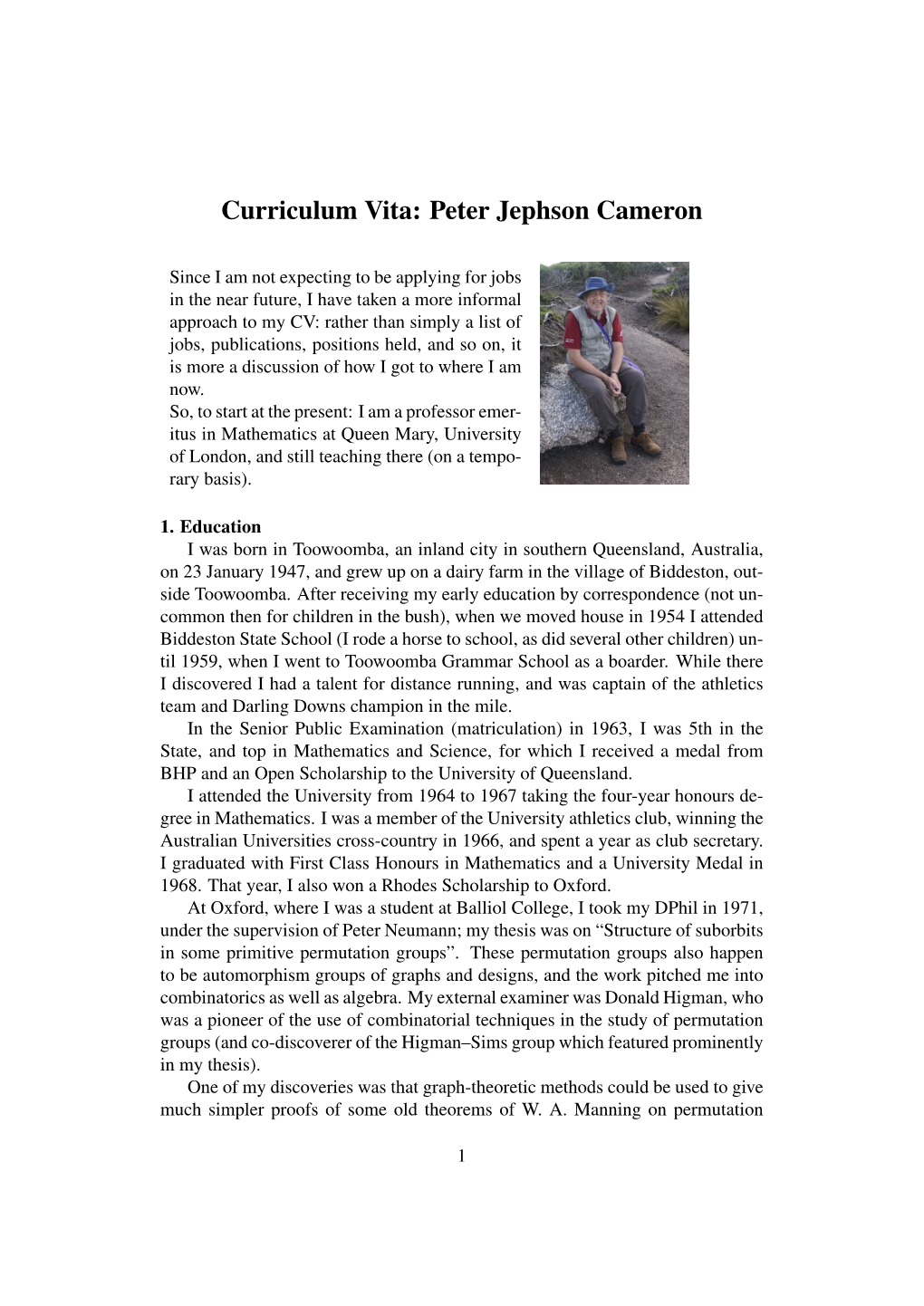 Curriculum Vita: Peter Jephson Cameron