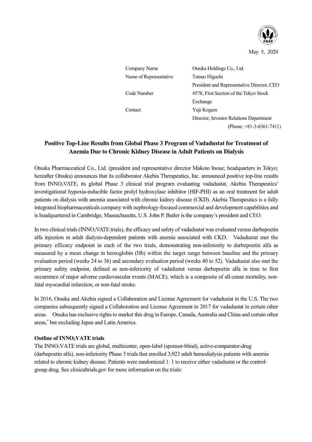 Positive Top-Line Results from Global Phase 3 Program of Vadadustat for Treatment of Anemia Due to Chronic Kidney Disease in Adult Patients on Dialysis