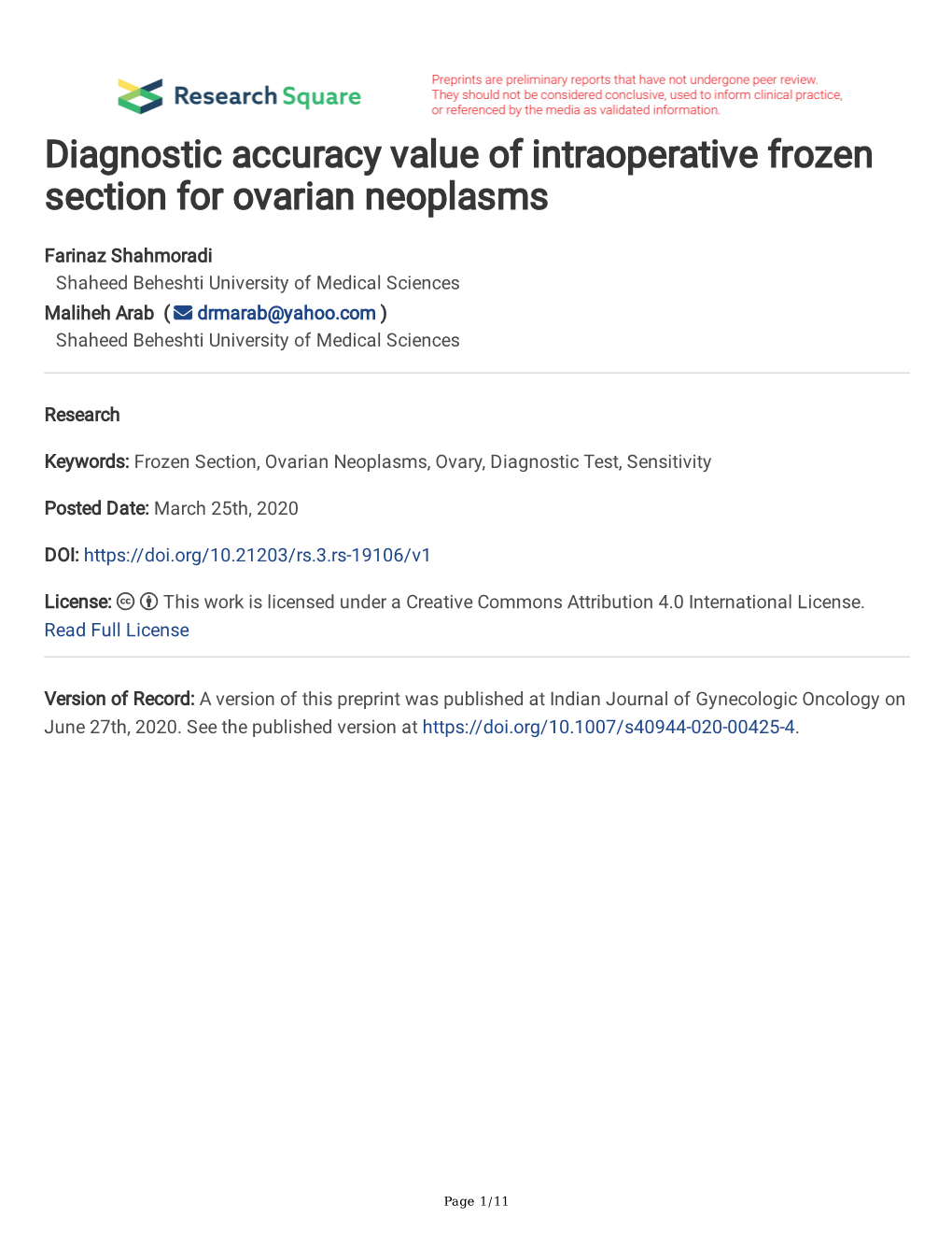 Diagnostic Accuracy Value of Intraoperative Frozen Section for Ovarian Neoplasms