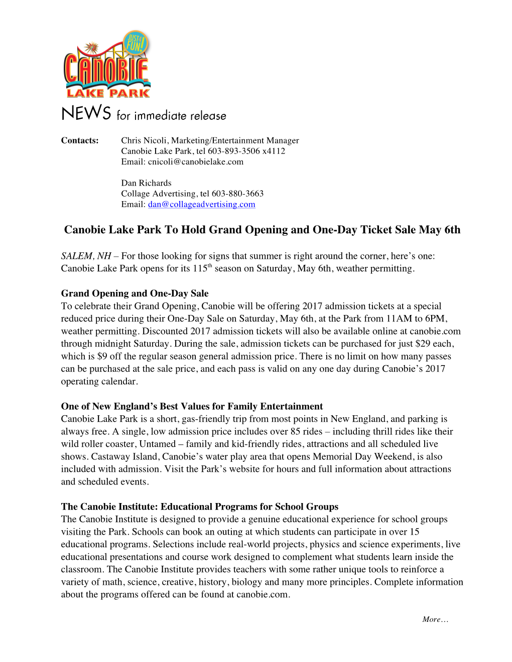 NEWS for Immediate Release Canobie Lake Park to Hold Grand Opening