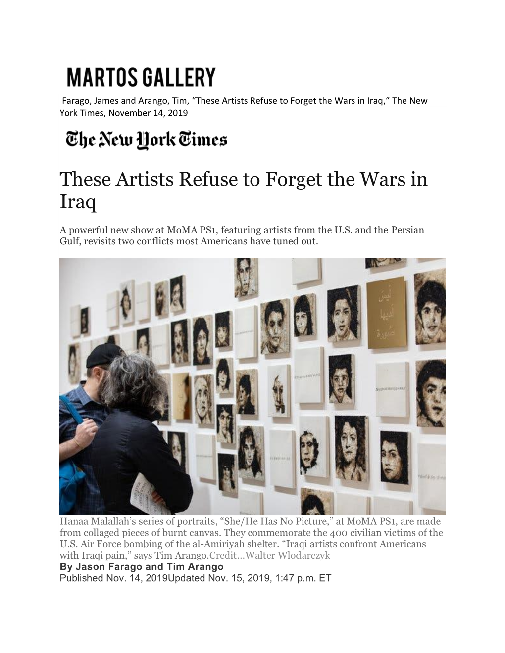These Artists Refuse to Forget the Wars in Iraq,” the New York Times, November 14, 2019