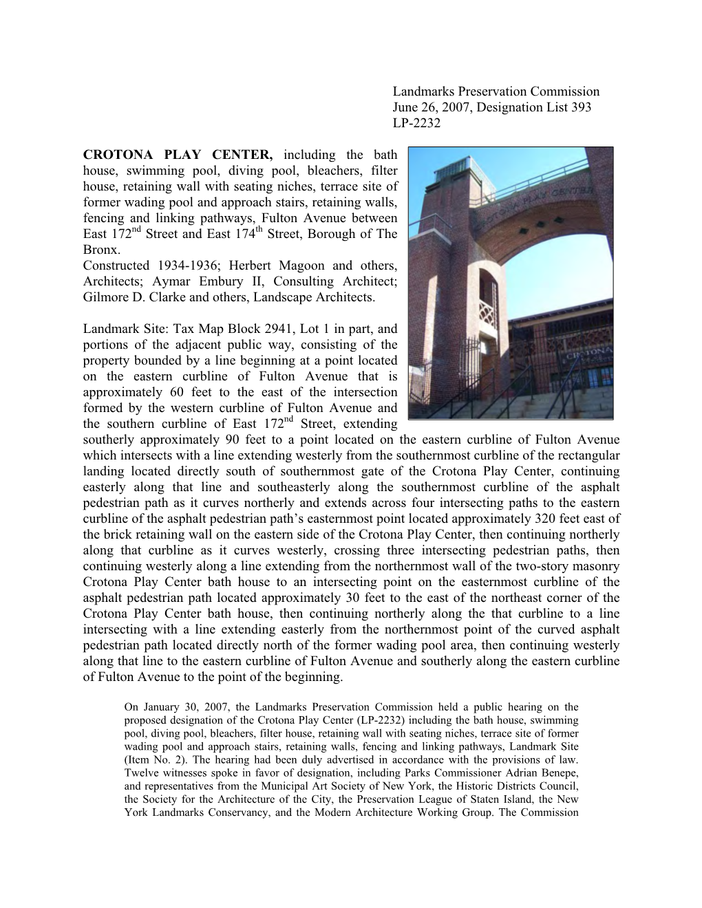 Landmarks Preservation Commission June 26, 2007, Designation List 393 LP-2232