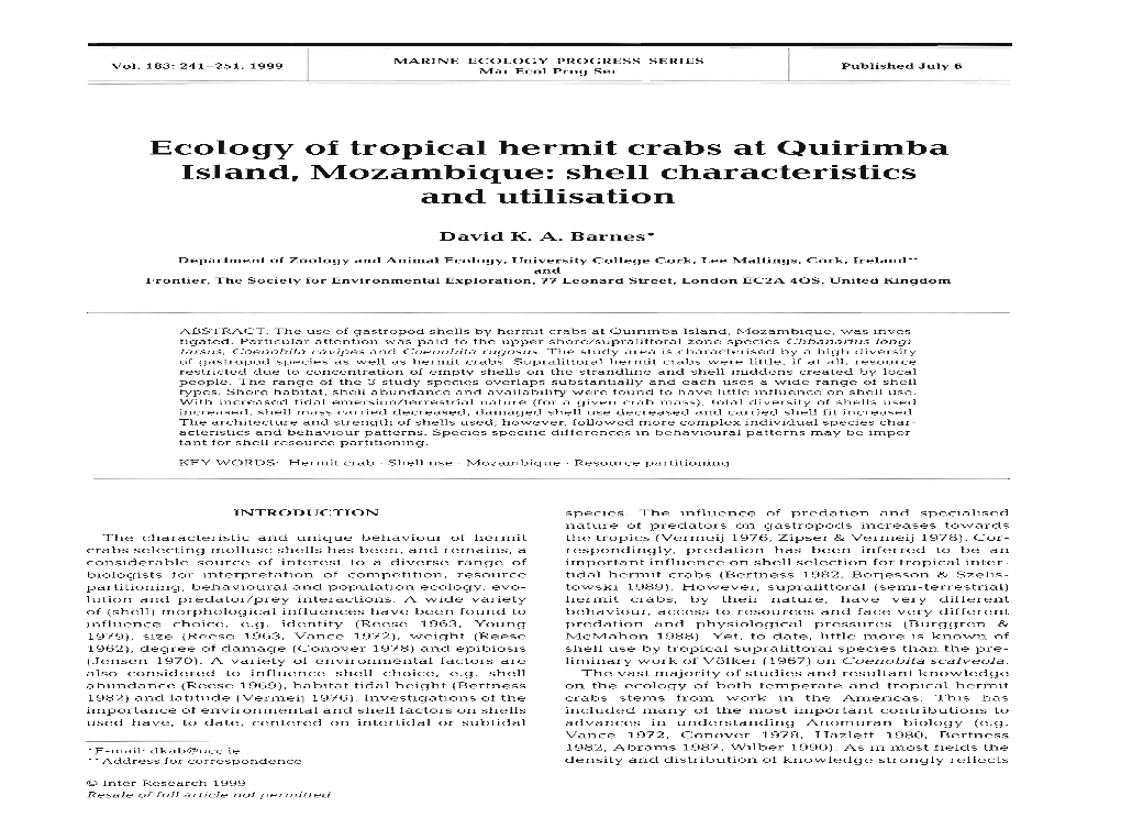 Ecology of Tropical Hermit Crabs at Quirimba Island, Mozambique: Shell Characteristics and Utilisation