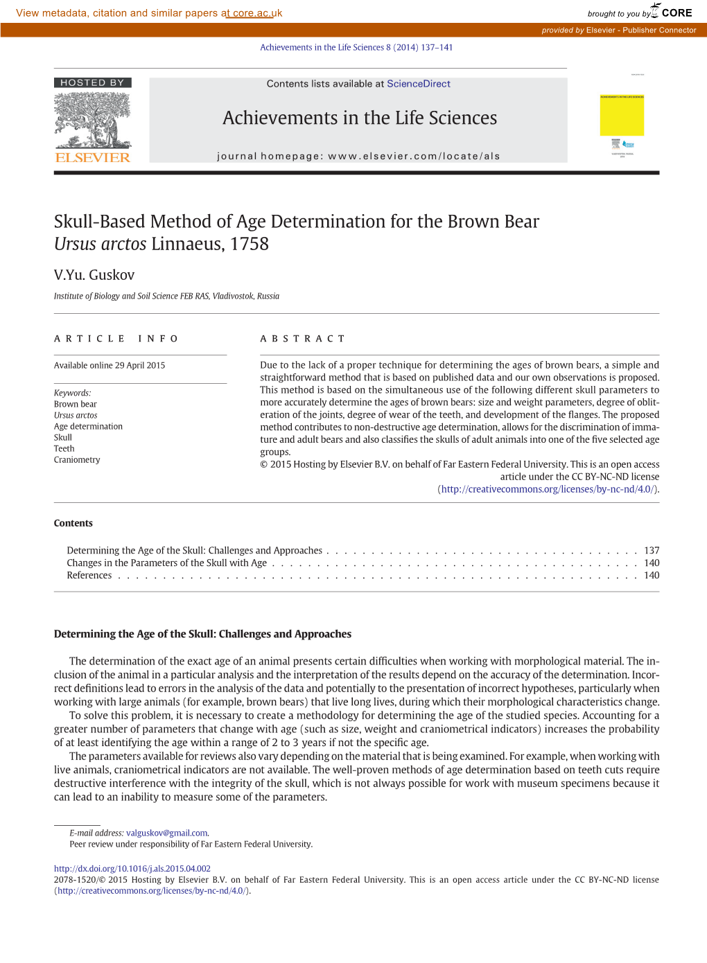 Skull-Based Method of Age Determination for the Brown Bear Ursus Arctos Linnaeus, 1758