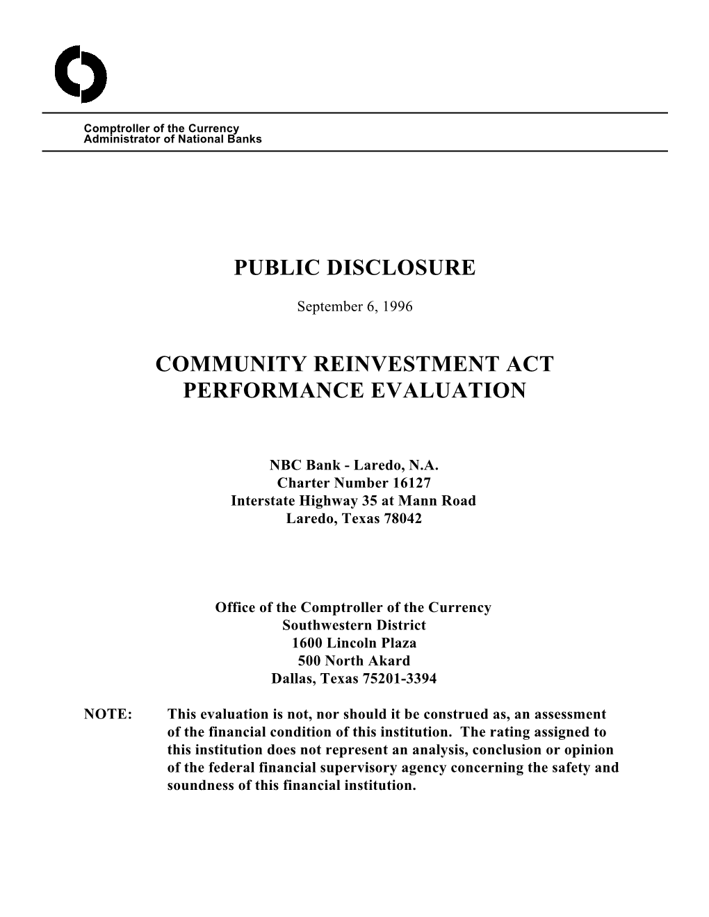 Public Disclosure Community Reinvestment Act