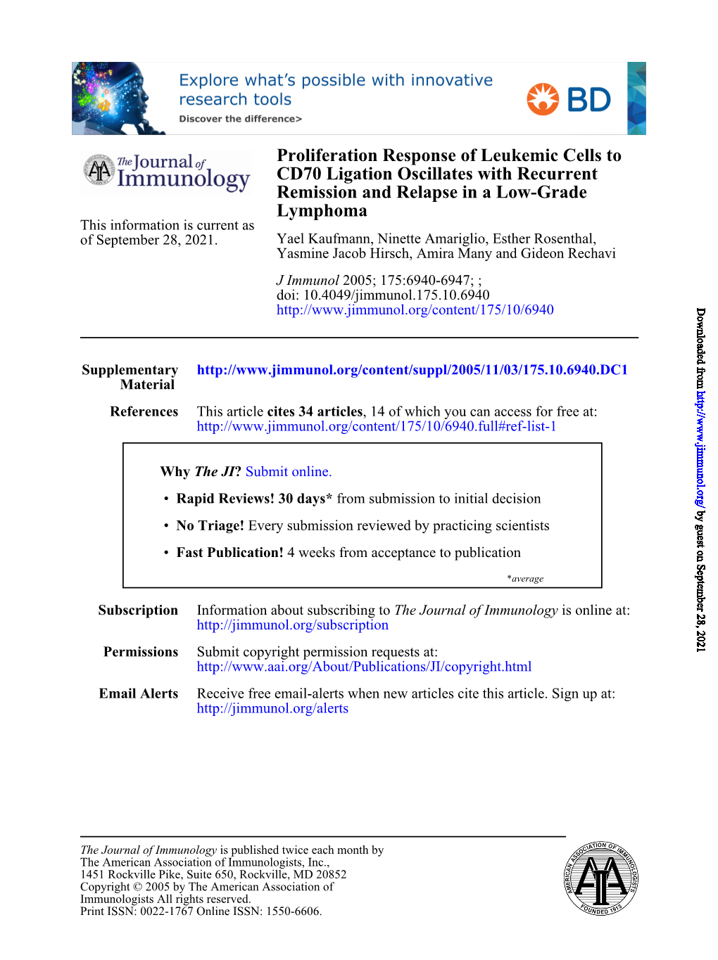 Lymphoma Remission and Relapse in a Low-Grade CD70 Ligation