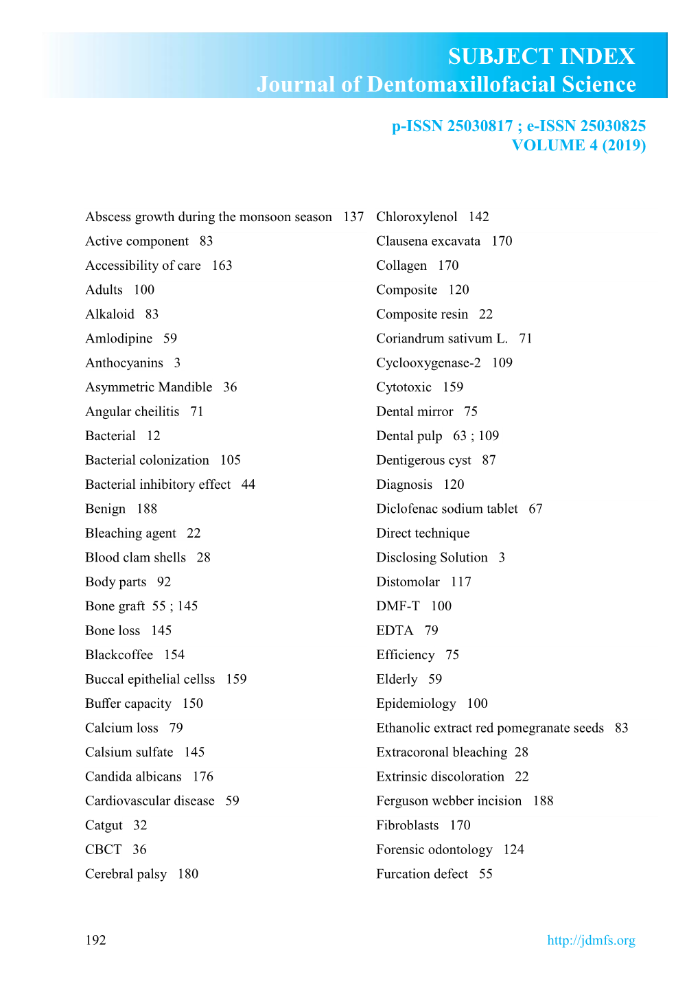 SUBJECT INDEX Journal of Dentomaxillofacial Science