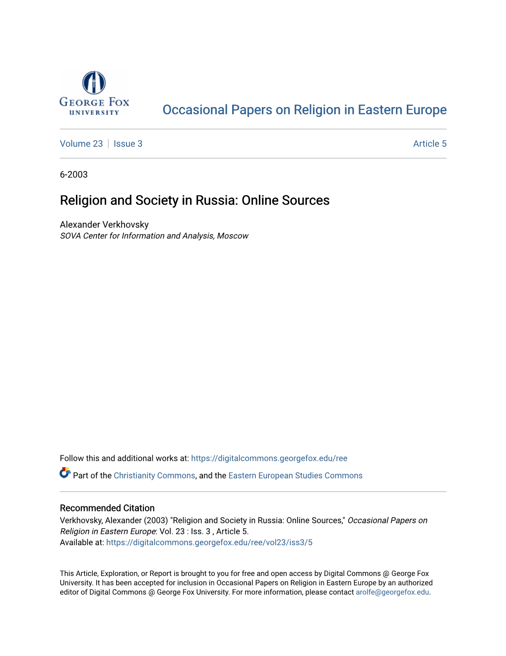 Religion and Society in Russia: Online Sources