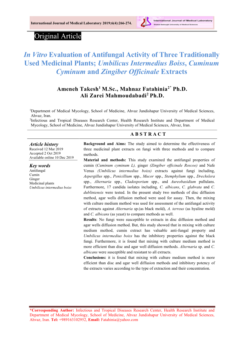 Original Article in Vitro Evaluation of Antifungal Activity of Three Traditionally Used Medicinal Plants; Umbilicus Intermedius