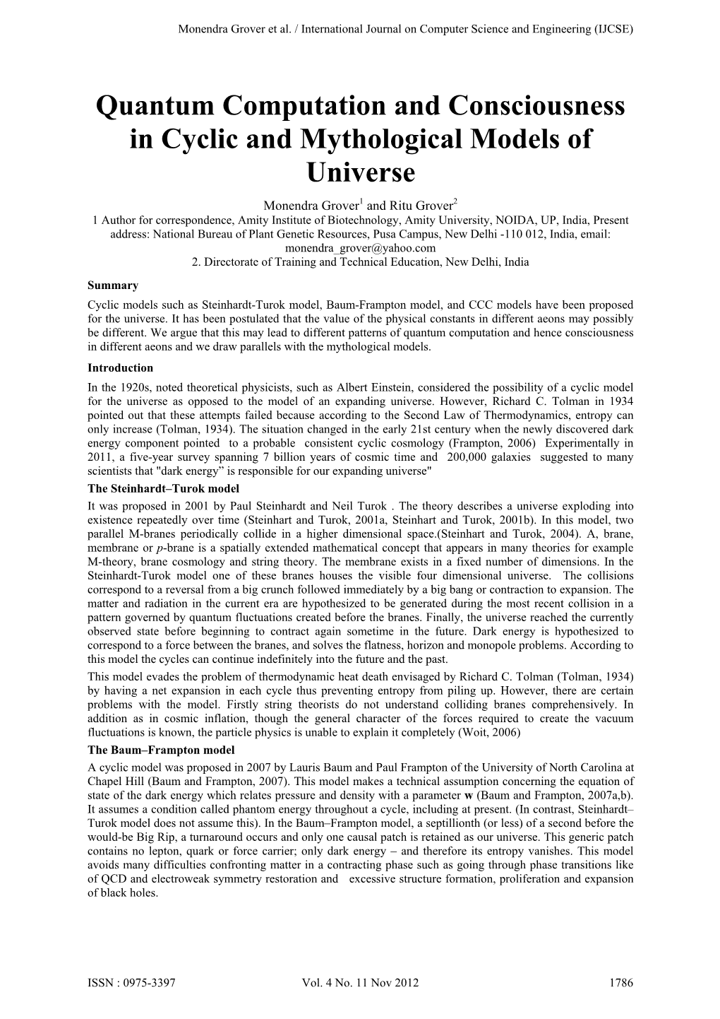 Quantum Computation and Consciousness in Cyclic And