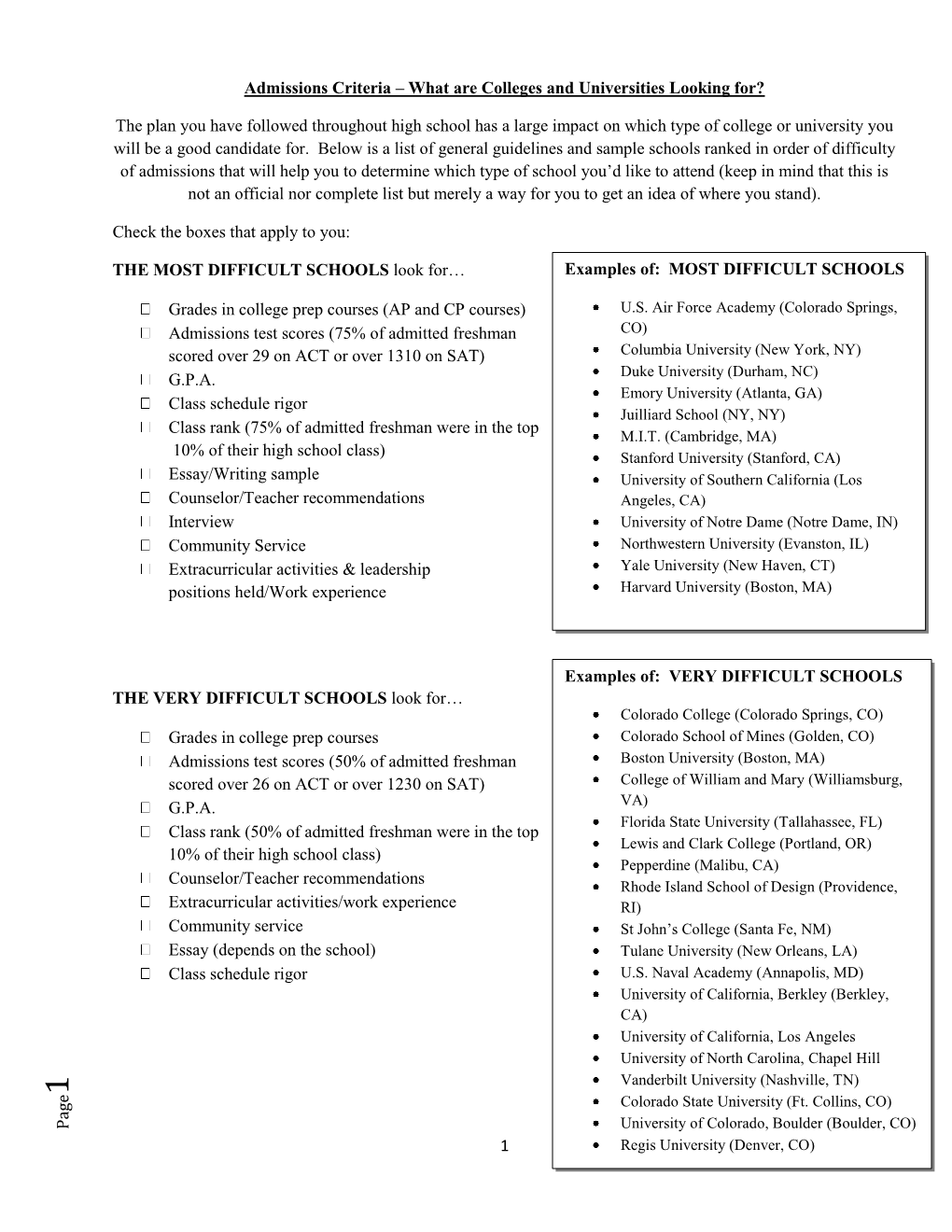 1 Page Admissions Criteria – What Are Colleges and Universities Looking For? the Plan You Have Followed Throughout High Scho