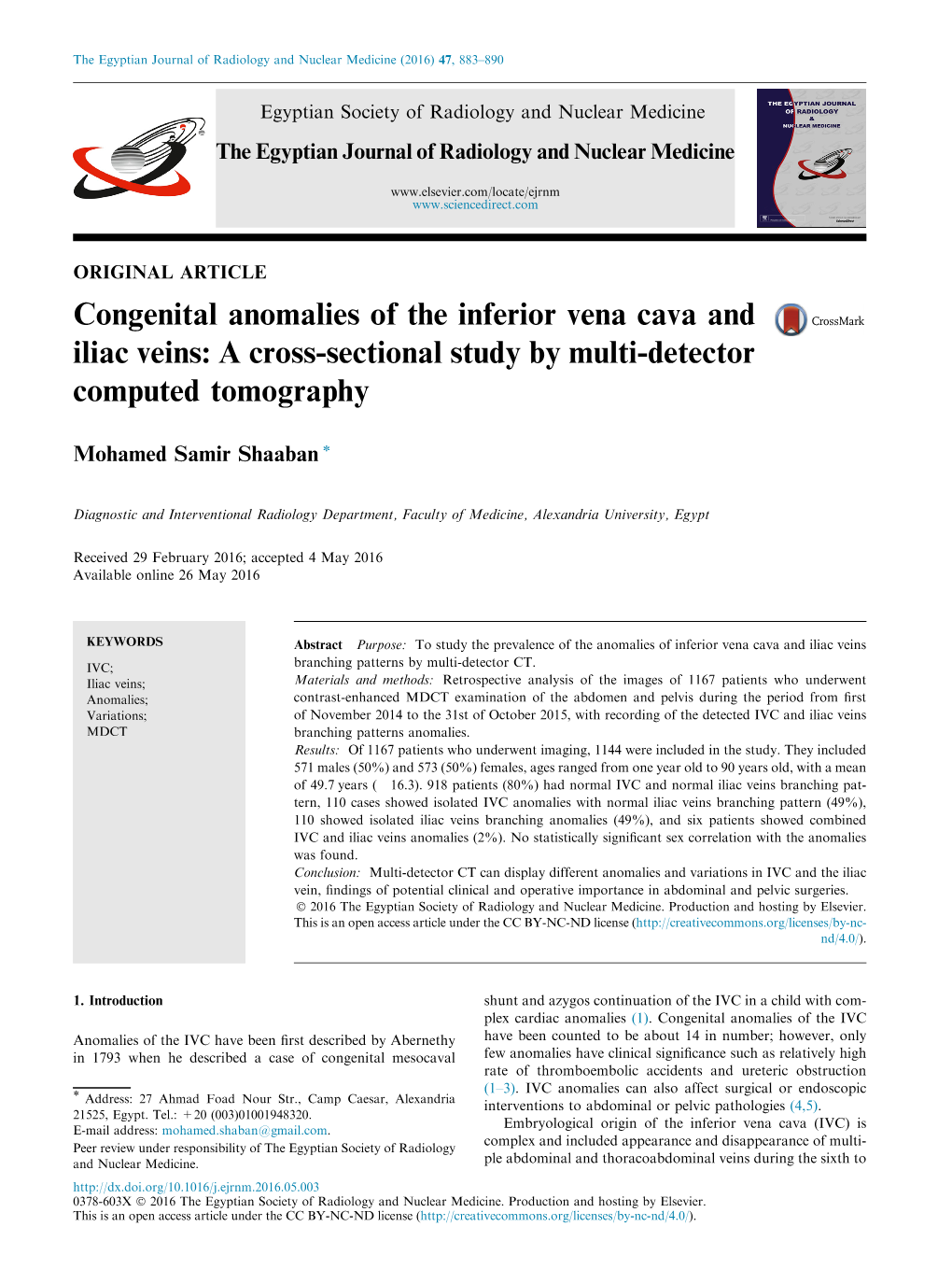 Congenital Anomalies of the Inferior Vena Cava and Iliac Veins: a Cross-Sectional Study by Multi-Detector Computed Tomography