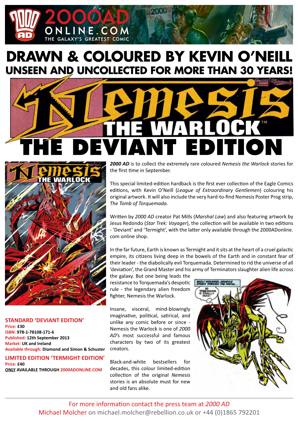 THE DEVIANT EDITION 2000 AD Is to Collect the Extremely Rare Coloured Nemesis the Warlock Stories for the First Time in September