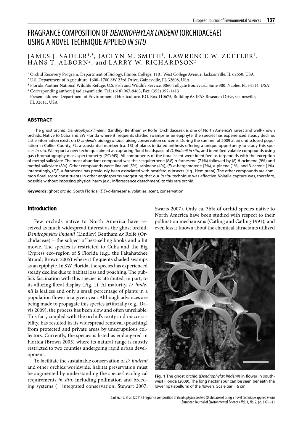 Fragrance Composition of Dendrophylax Lindenii (Orchidaceae) Using a Novel Technique Applied in Situ