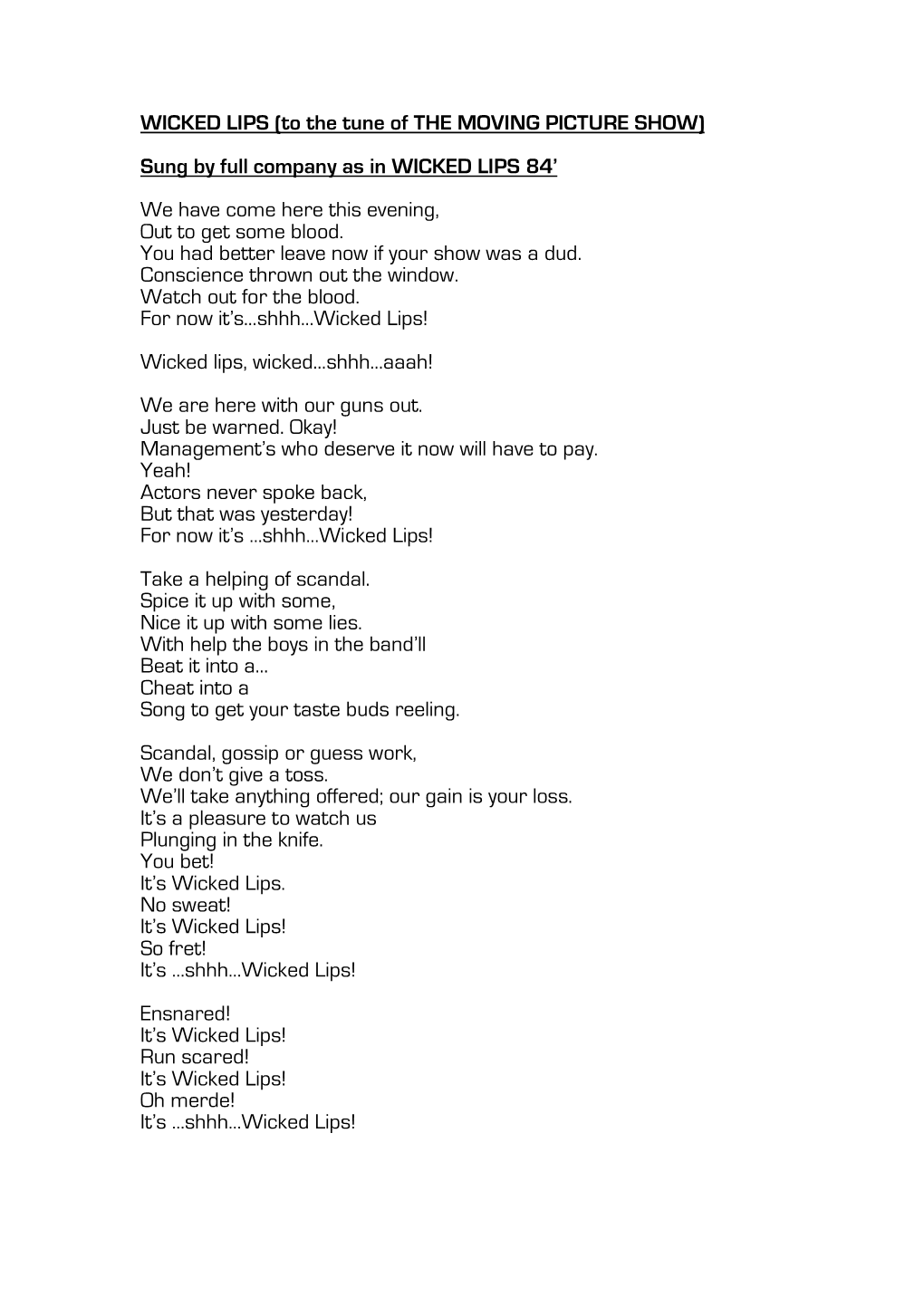 WICKED LIPS All Lyrics