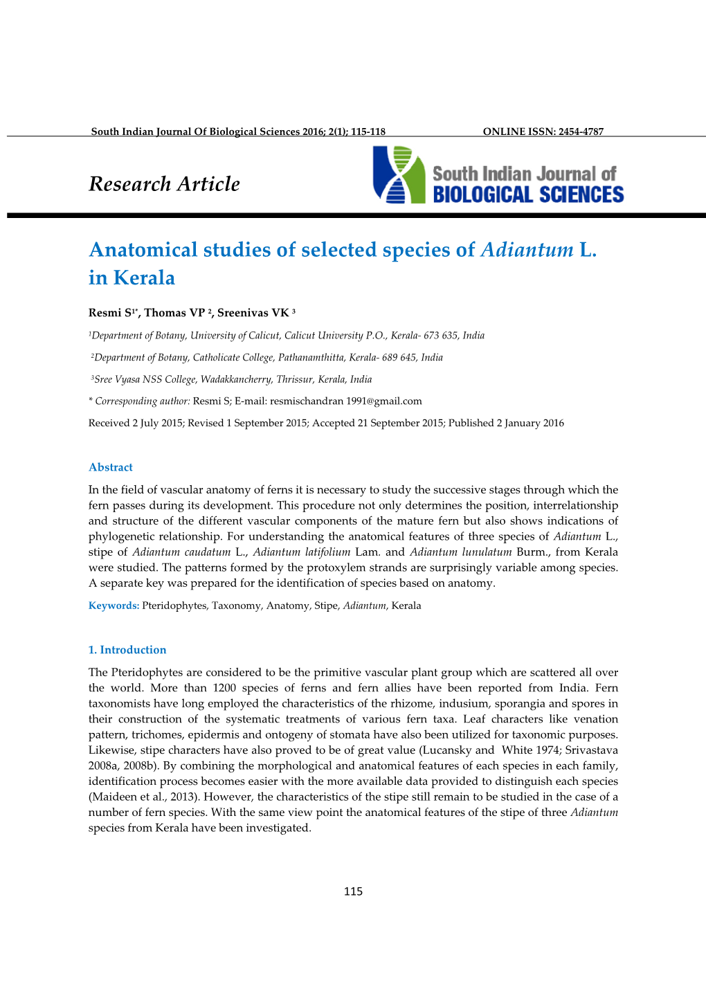 Research Article Anatomical Studies of Selected Species of Adiantum L. In