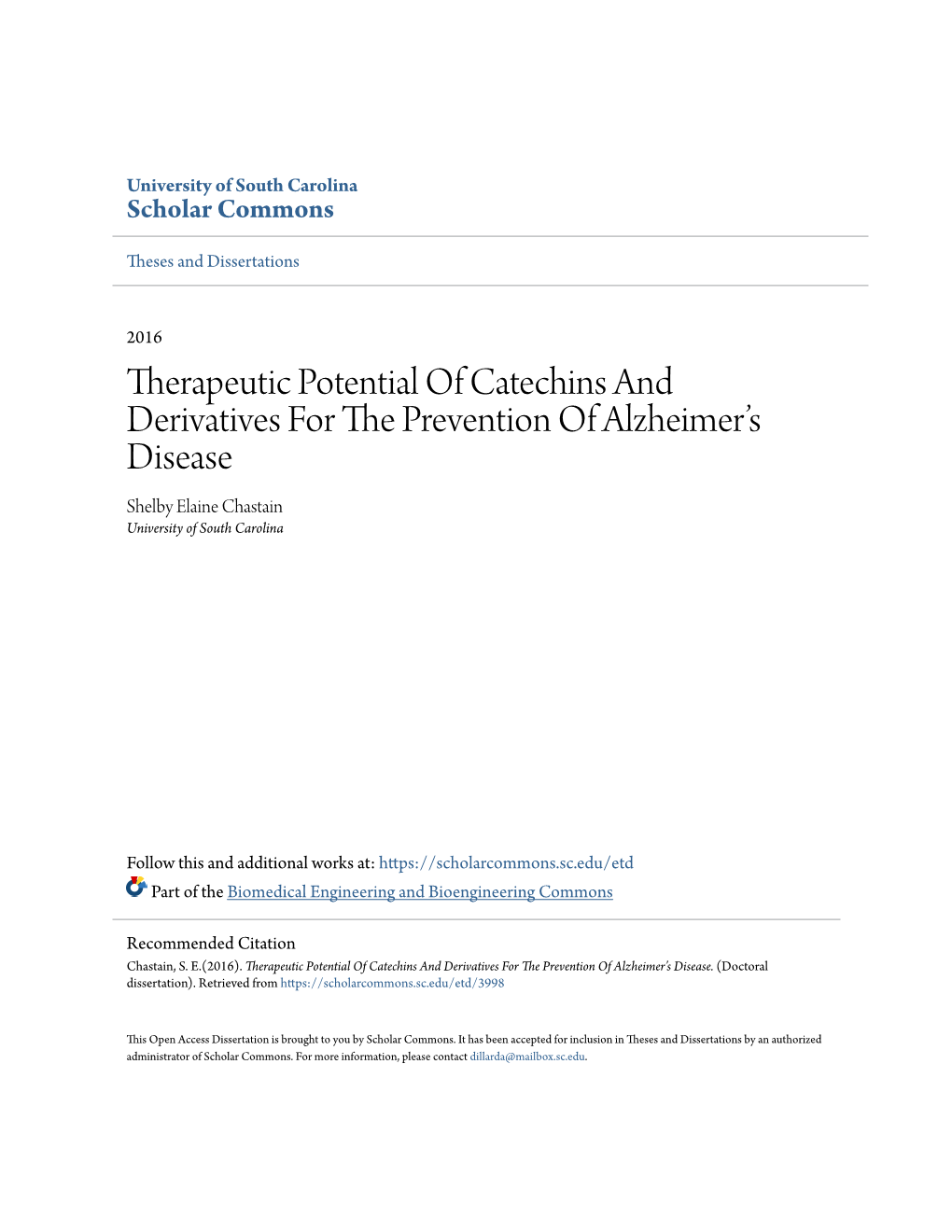 Therapeutic Potential of Catechins and Derivatives for the Prevention of Alzheimer’S Disease