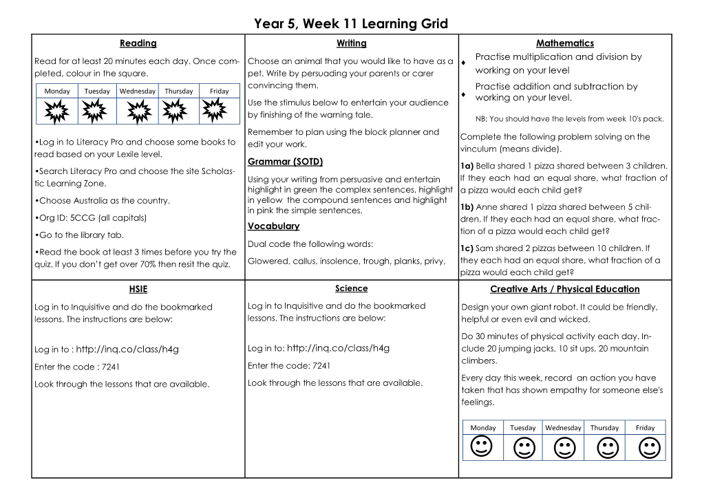 Year 5, Week 11 Learning Grid Reading Writing Mathematics Practise Multiplication and Division by Read for at Least 20 Minutes Each Day