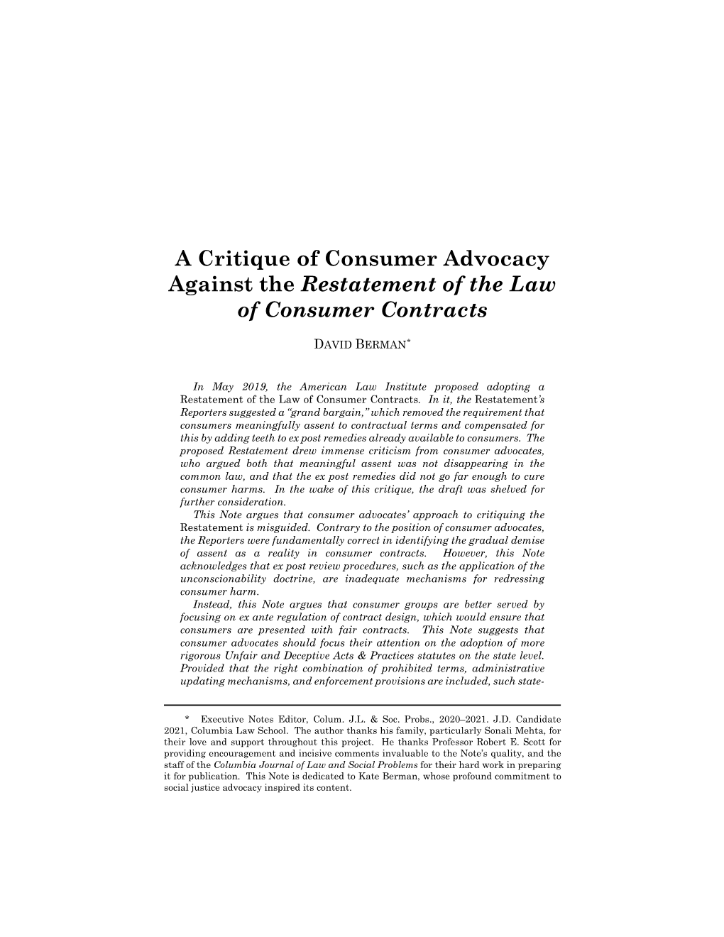 A Critique of Consumer Advocacy Against the Restatement of the Law of Consumer Contracts