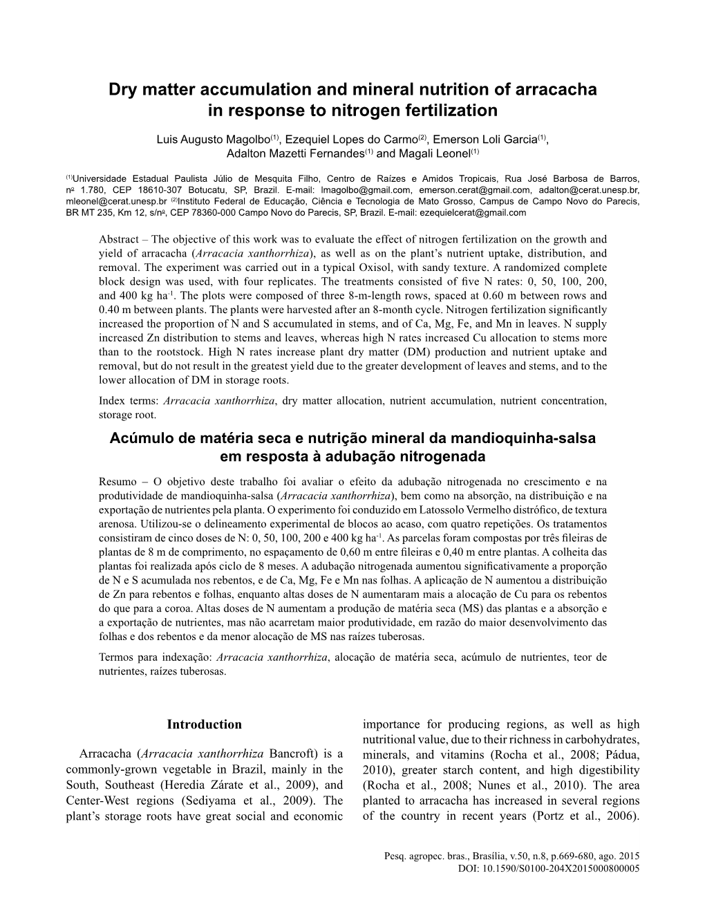 Dry Matter Accumulation and Mineral Nutrition of Arracacha in Response to Nitrogen Fertilization