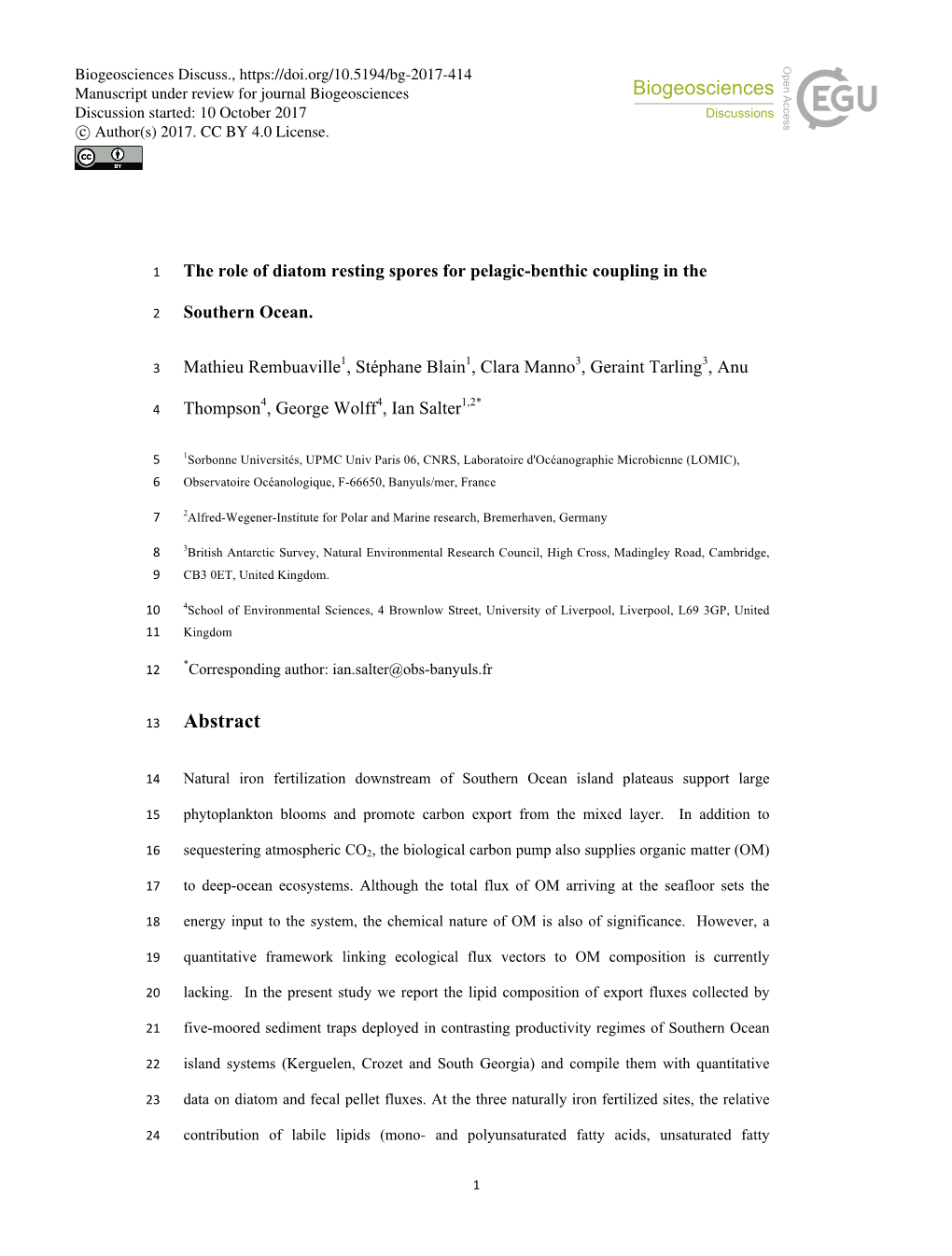 The Role of Diatom Resting Spores for Pelagic-Benthic Coupling in the Southern Ocean