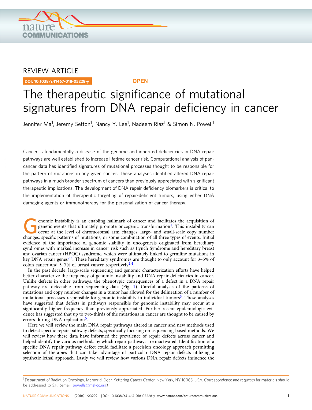 The Therapeutic Significance of Mutational Signatures from DNA