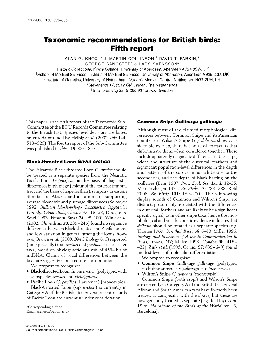 Taxonomic Recommendations for British Birds: Fifth Report Ibis 150:833