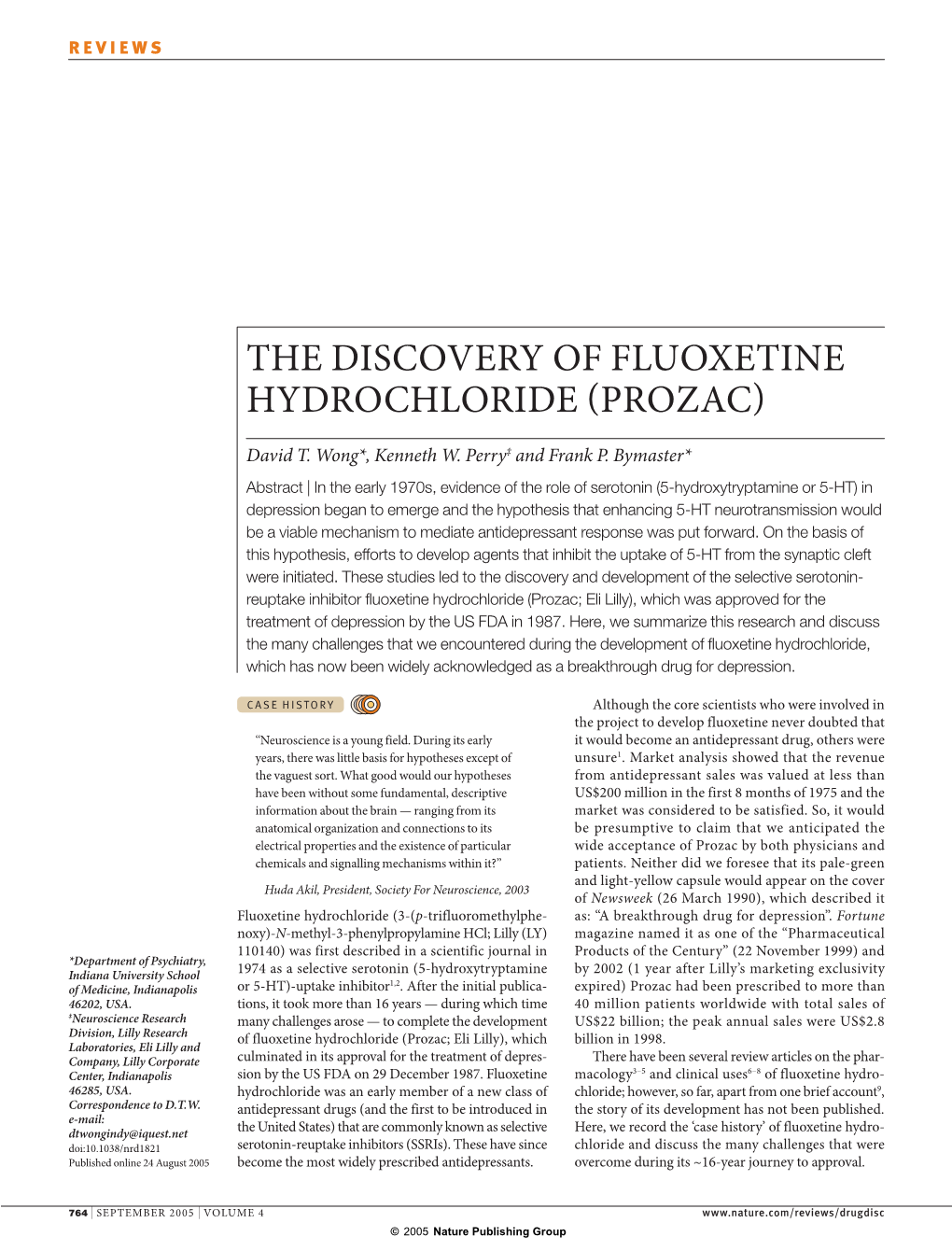 The Discovery of Fluoxetine Hydrochloride Prozac