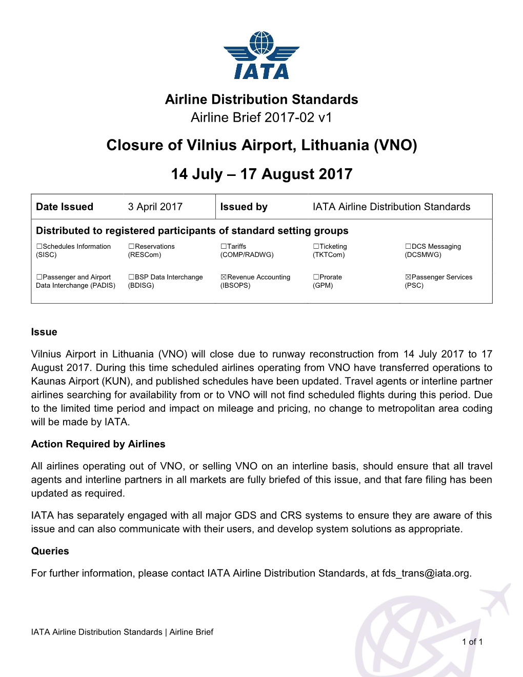 Closure of Vilnius Airport, Lithuania (VNO) 14 July – 17 August 2017