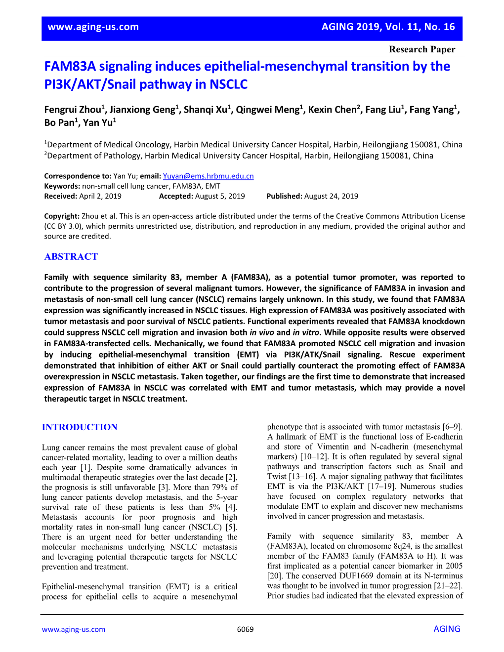 FAM83A Signaling Induces Epithelial-Mesenchymal Transition by the PI3K/AKT/Snail Pathway in NSCLC