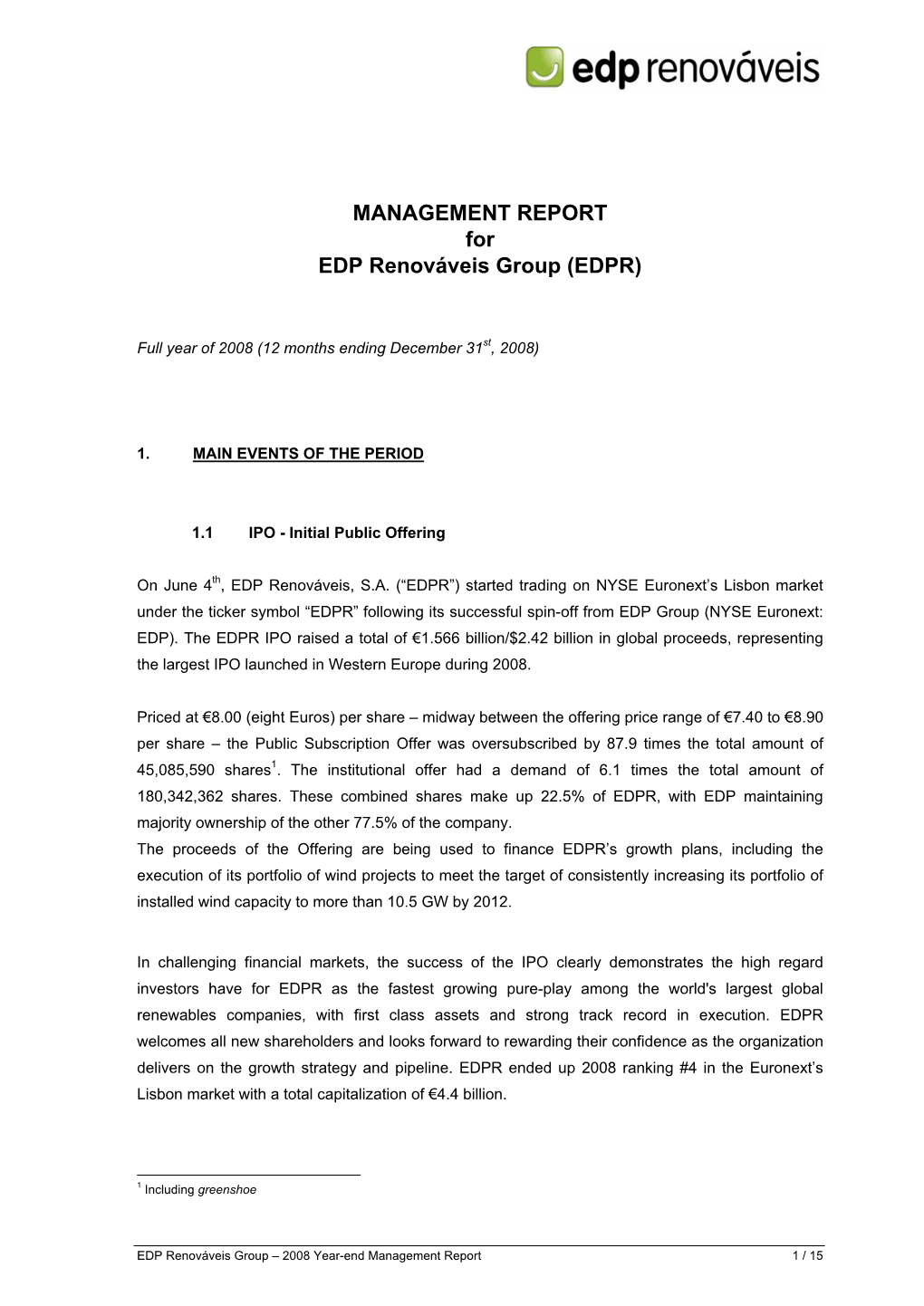 MANAGEMENT REPORT for EDP Renováveis Group (EDPR)