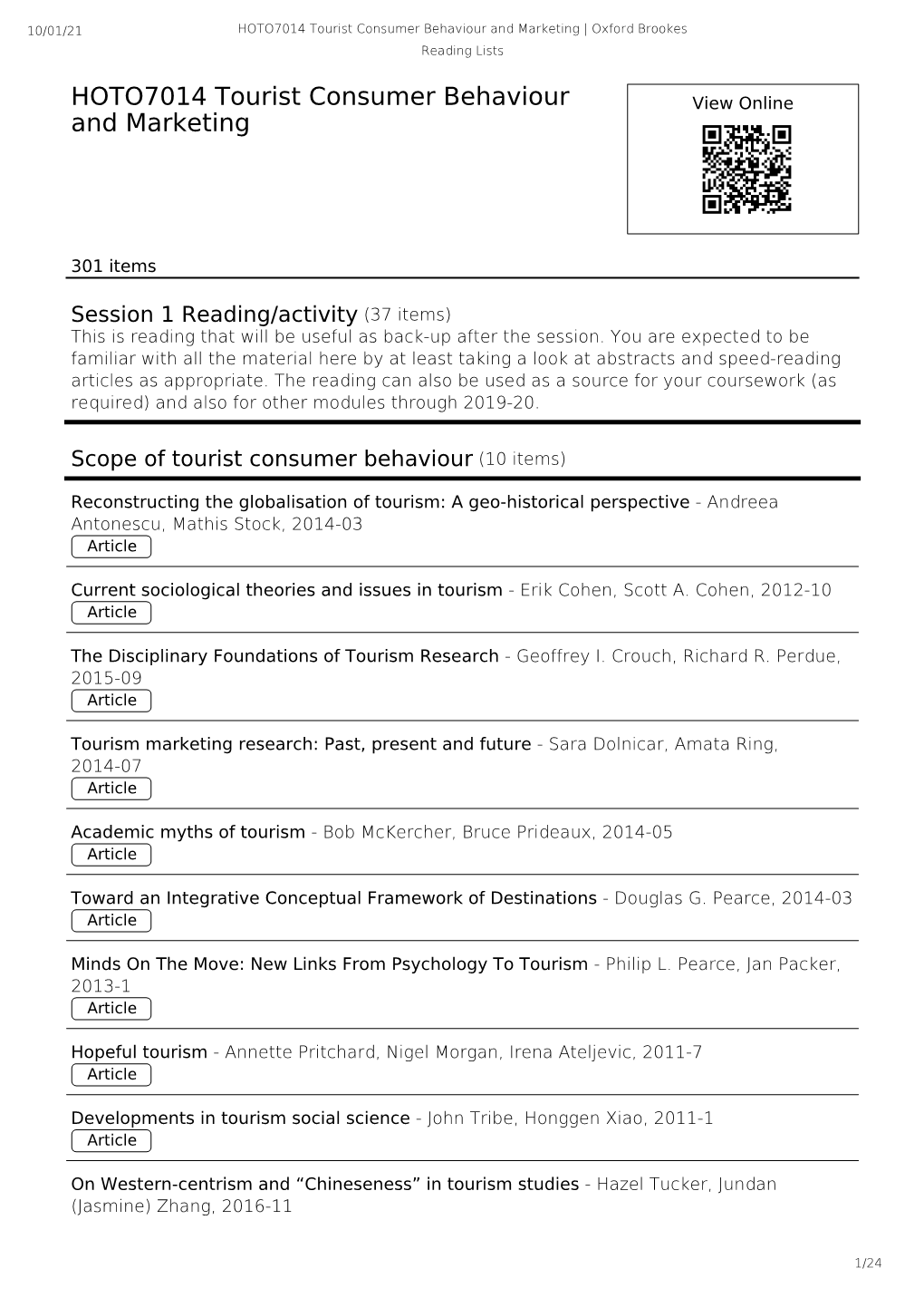 HOTO7014 Tourist Consumer Behaviour and Marketing | Oxford Brookes Reading Lists