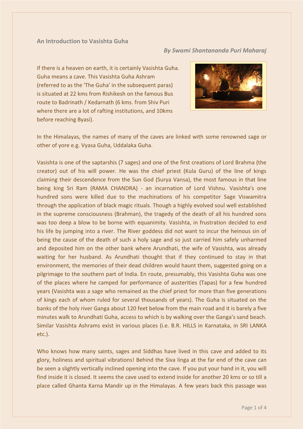 An Introduction to Vasishta Guha by Swami Shantananda Puri Maharaj