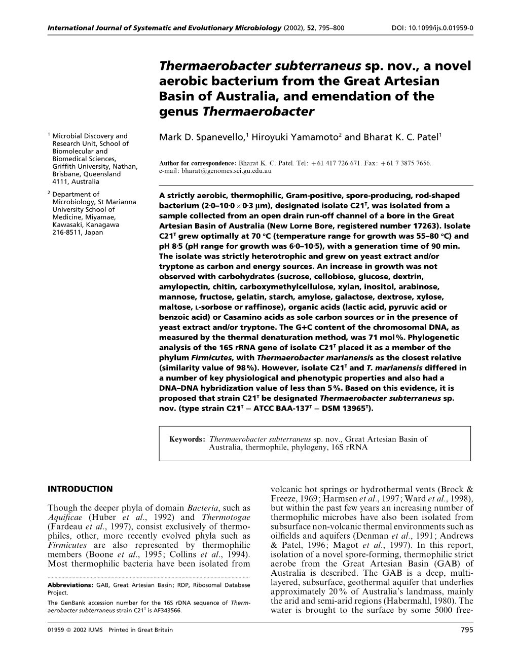 Thermaerobacter Subterraneus Sp. Nov., a Novel Aerobic Bacterium from the Great Artesian Basin of Australia, and Emendation of the Genus Thermaerobacter