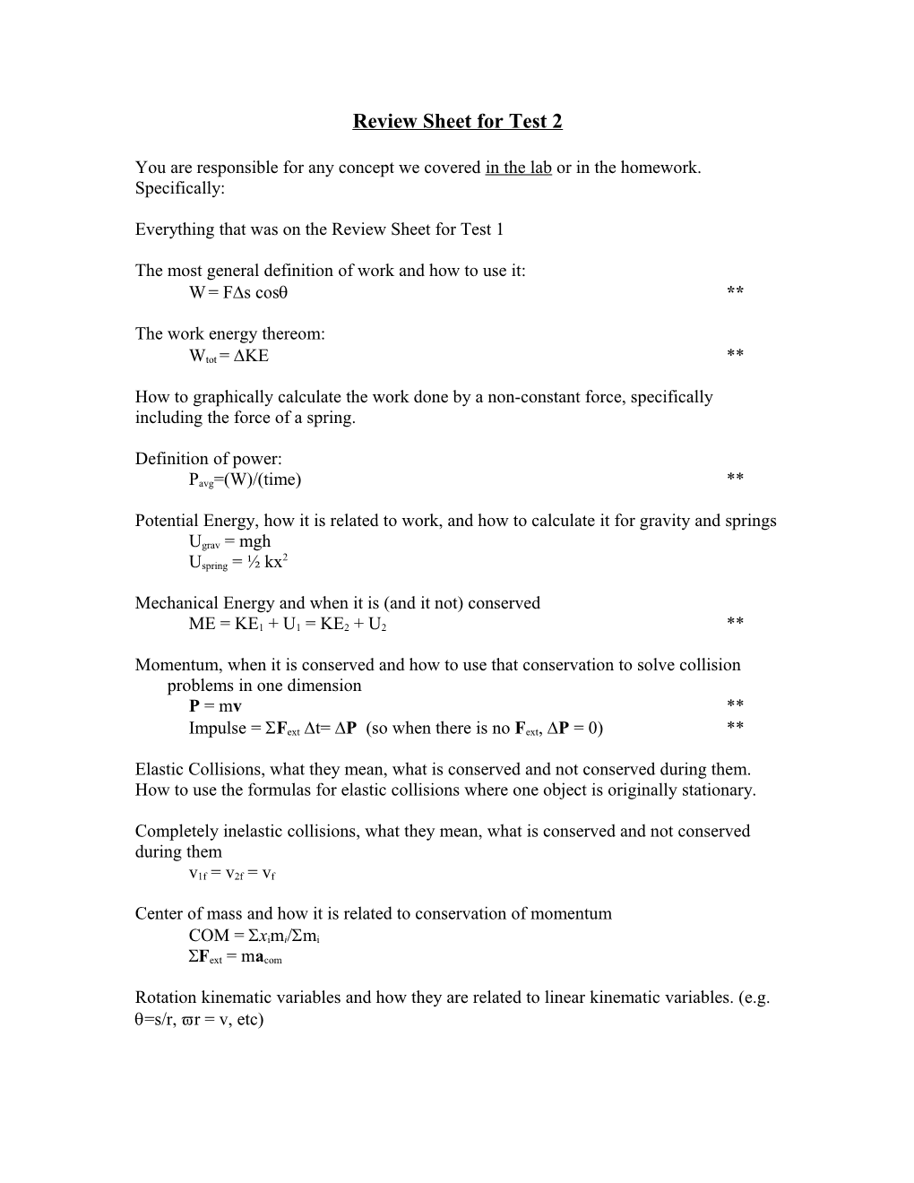 Review Sheet for Test 1